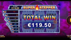 Tampilan visual slot Super Stepper dengan tema neon cyberpunk dan grid 3x3