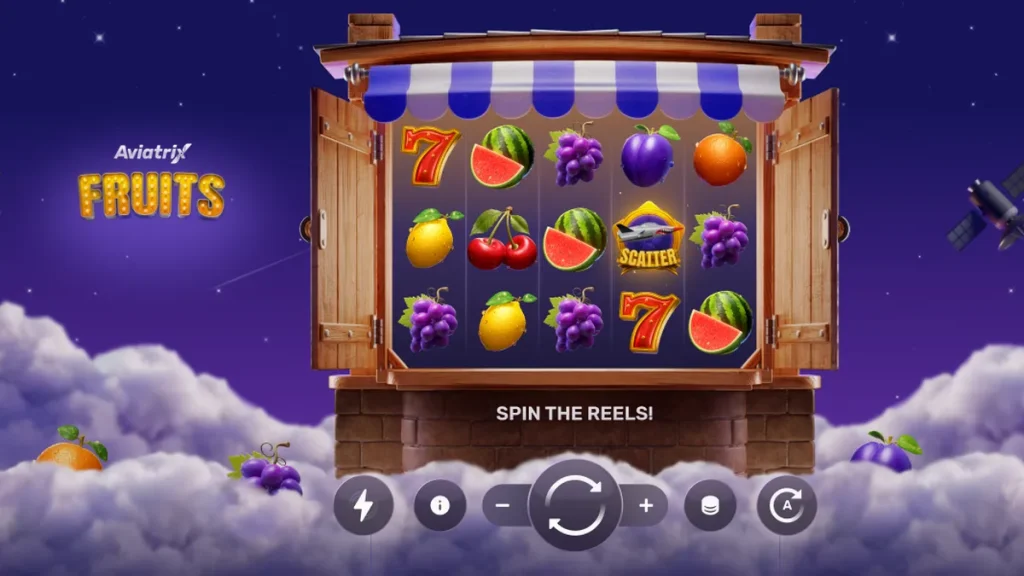 Tampilan visual slot Aviatrix Fruits dengan simbol buah dan elemen pesawat metaverse